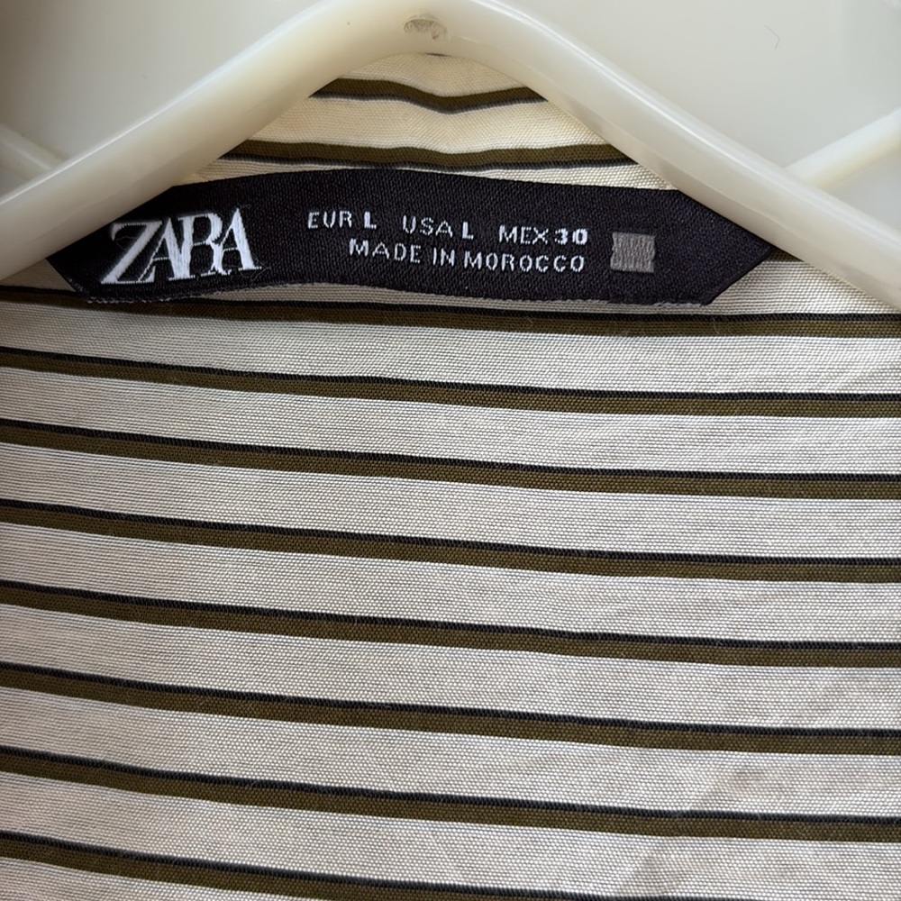 Zara Deep army green and ivory Striped Shirt. Sz L. EUC. - Picture 2 of 7